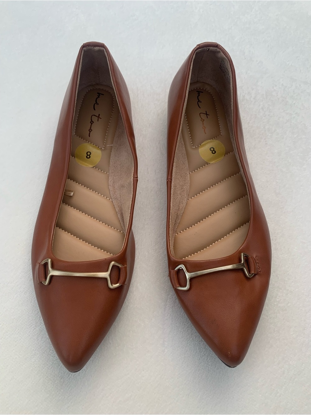 me too Tan Pointed-Toe Leather Flats with Gold Bit